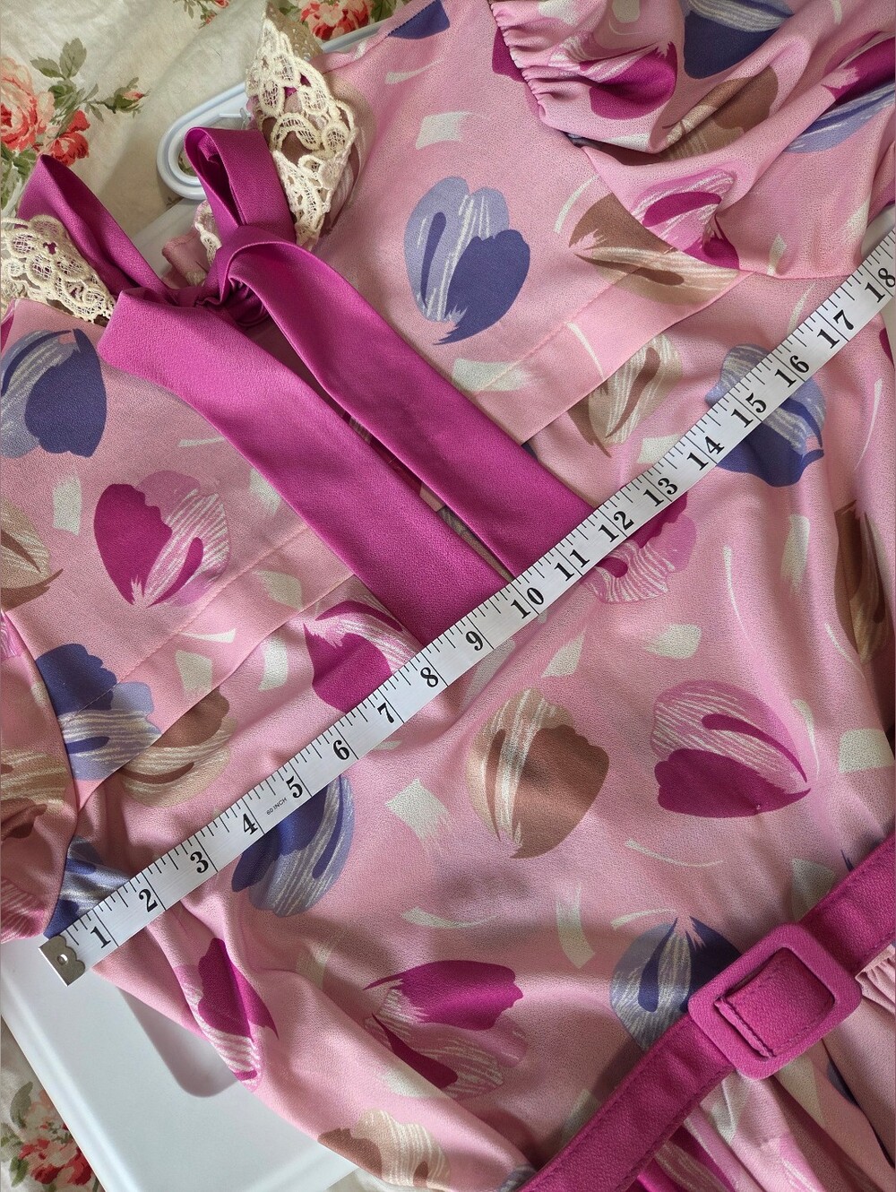 Vintage 70/80s Sears Pink Pastel Floral Dress Belt Sz M Coquette Bow Pastel - Picture 13 of 13